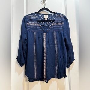 Knox Rose Blue Embroidered Boho Blouse Large Lace Split Vneck 3/4 Sleeve Rayon